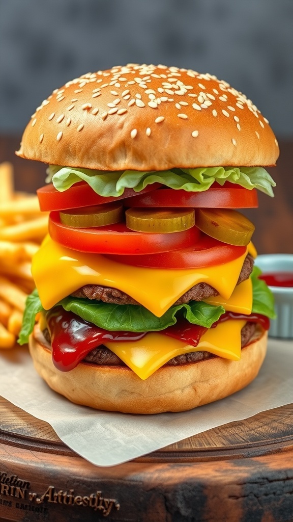 Savory 7/11 style burger with cheese, lettuce, tomato, and pickles, served with fries and ketchup.